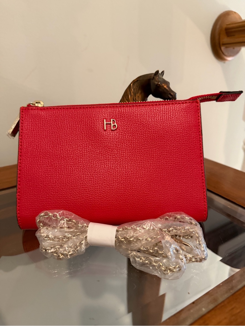 henri bendel Red Pebbled Leather Wallet on Chain Crossbody Clutch NWOT